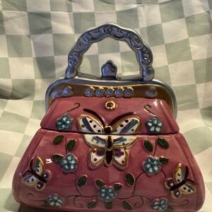 David’s Cookies Ceramic Purse Cookie Jar Butterfly Floral Pink Handbag Canister